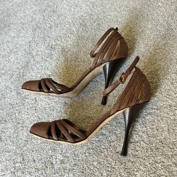 Like New BCBGMAXAZRIA Brown/Gold Leather Heels Size 5.5 - Picture 3 of 7
